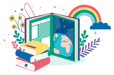 Illustrated books with a colourful rainbow